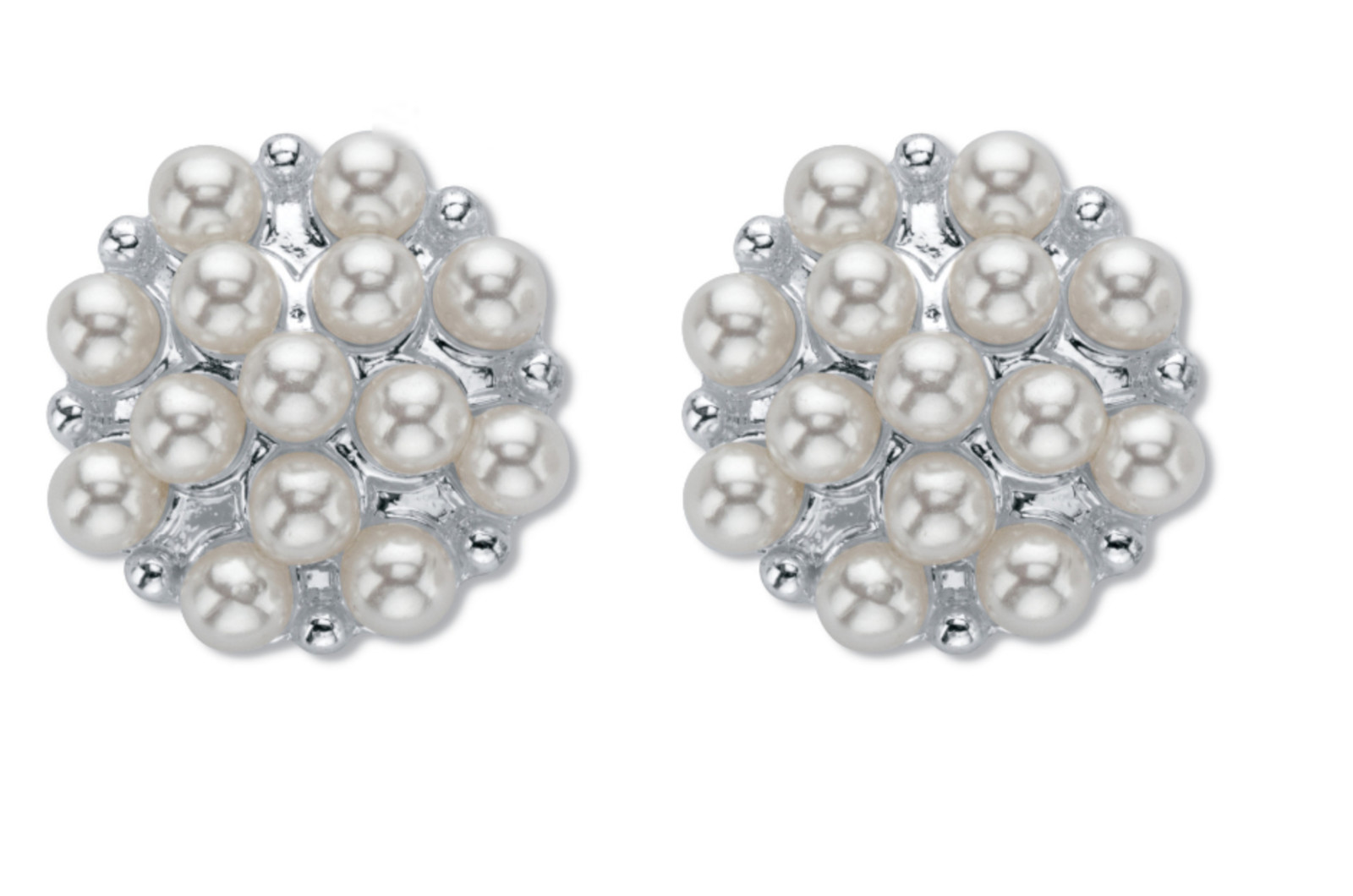 WHITE ROUND SIMULATED PEARL CLUSTER EARRINGS SILVERTONE