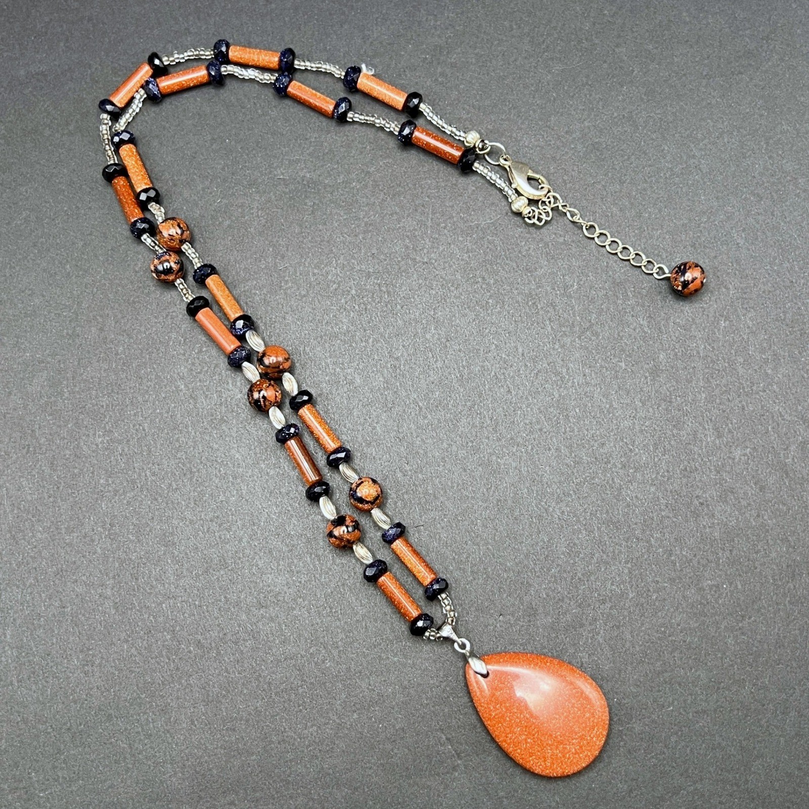 Goldstone Beaded Necklace Silver Tone Brown Blue Boho 24″