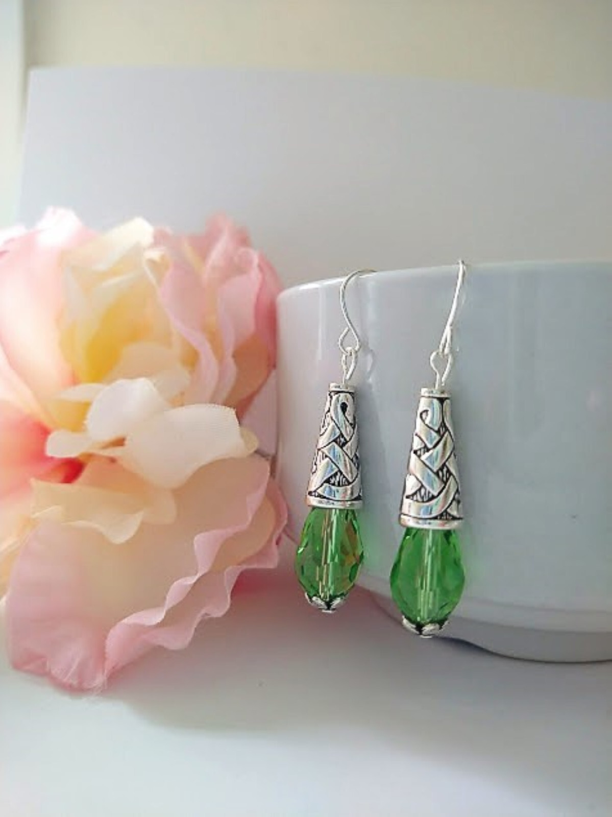 Light Peridot Green Teardrop Crystal Earrings, Ladies Dangle Fashion Earrings