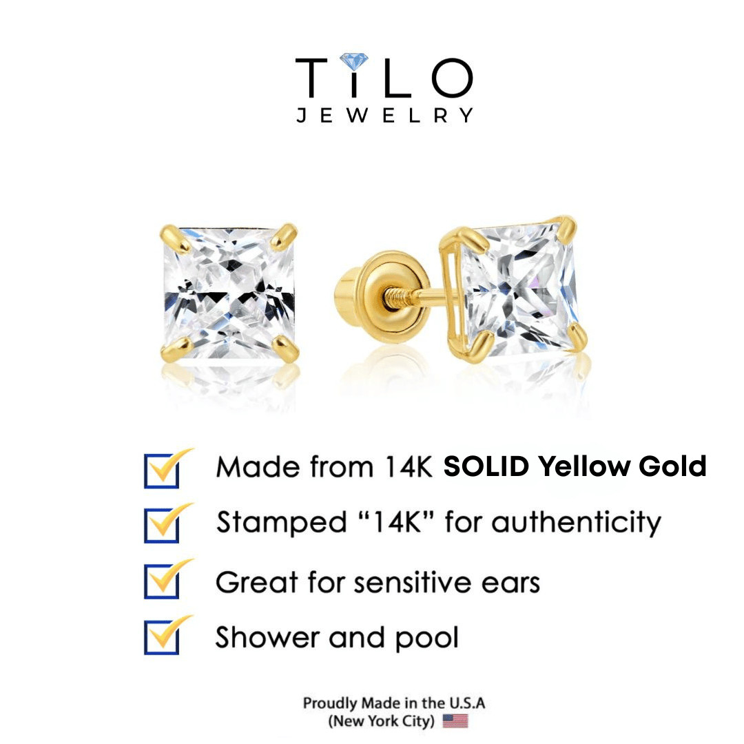 14K Solid Yellow Gold Princess-Cut CZ Sleeper Studs Earrings Screw-back 3mm-8mm