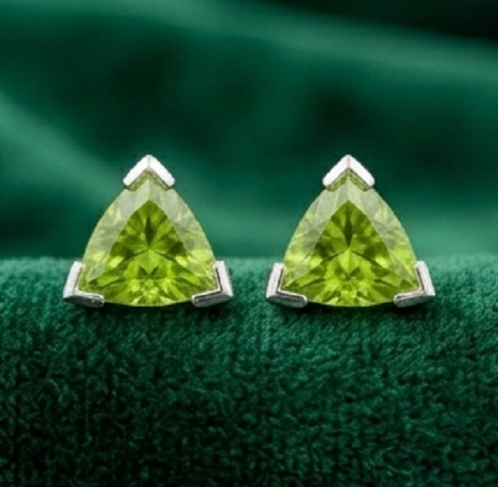 2ct Trillion Cut Simulated Green Peridot Tiny Stud Earrings14K White Gold Plated