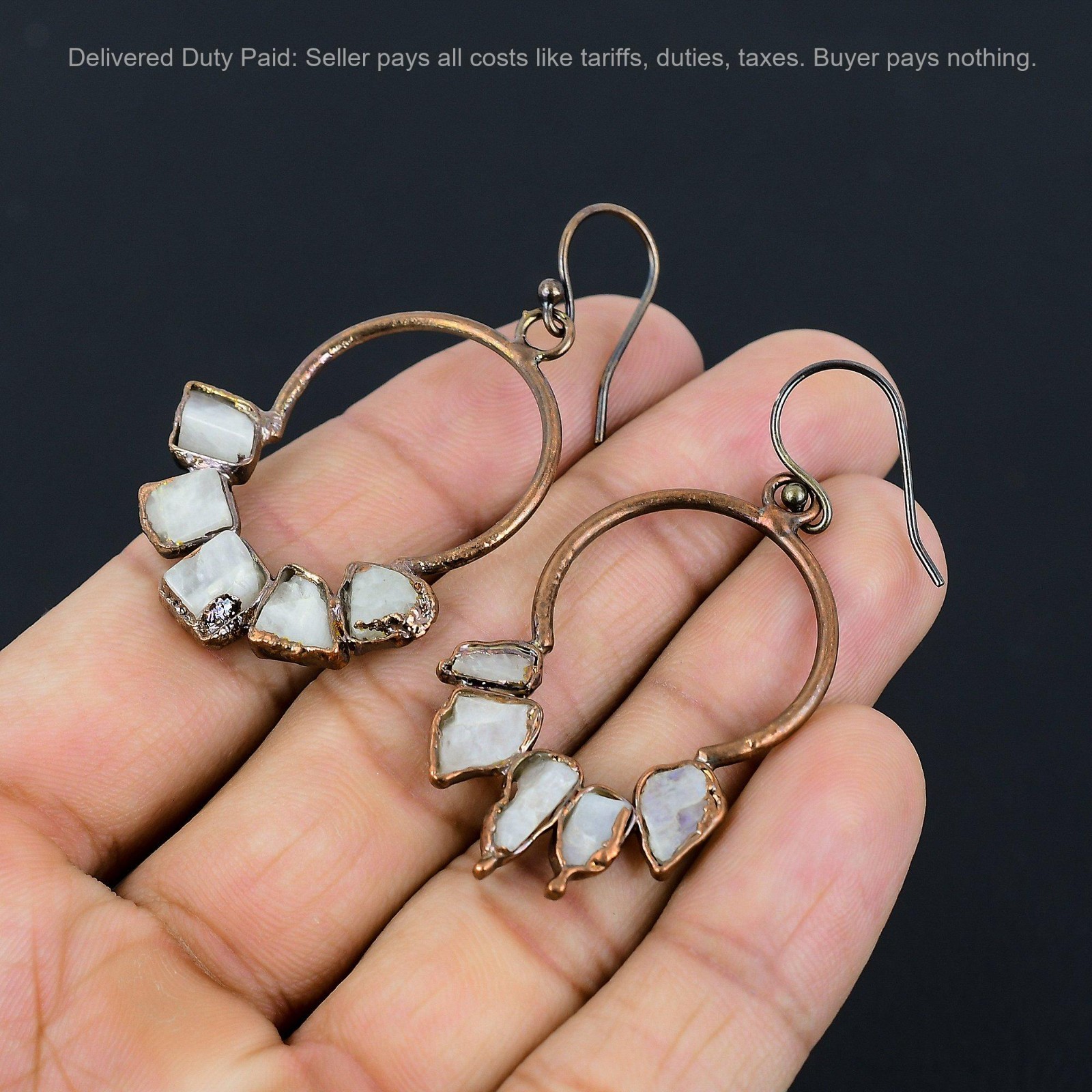 Copper Pentagon Natural Rainbow Moonstone Rough Drop Electroformed Wife Earrings