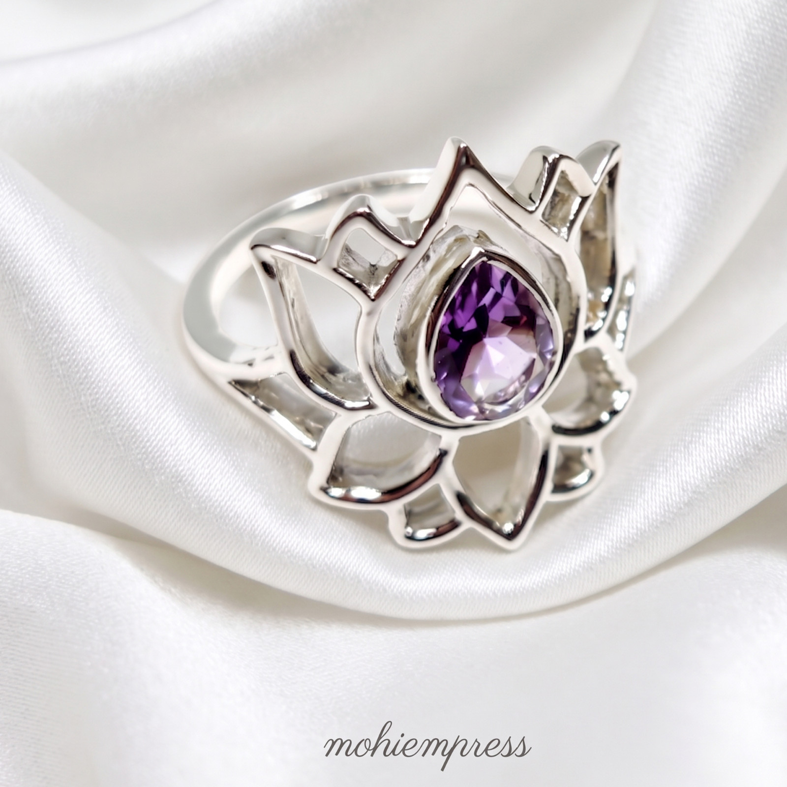925 Sterling Silver Lotus Flower Pear Cut Natural Gemstone Ring