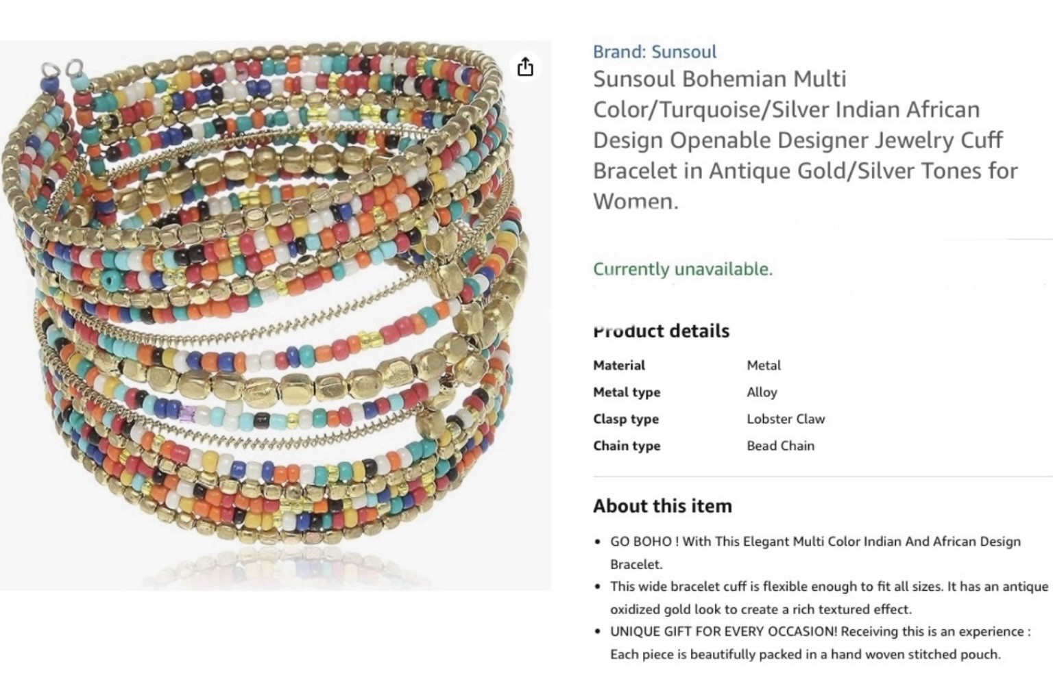Sunsoul Bohemian Colored Turquoise Silver Wrist Bracelet Women Fits All Sizes