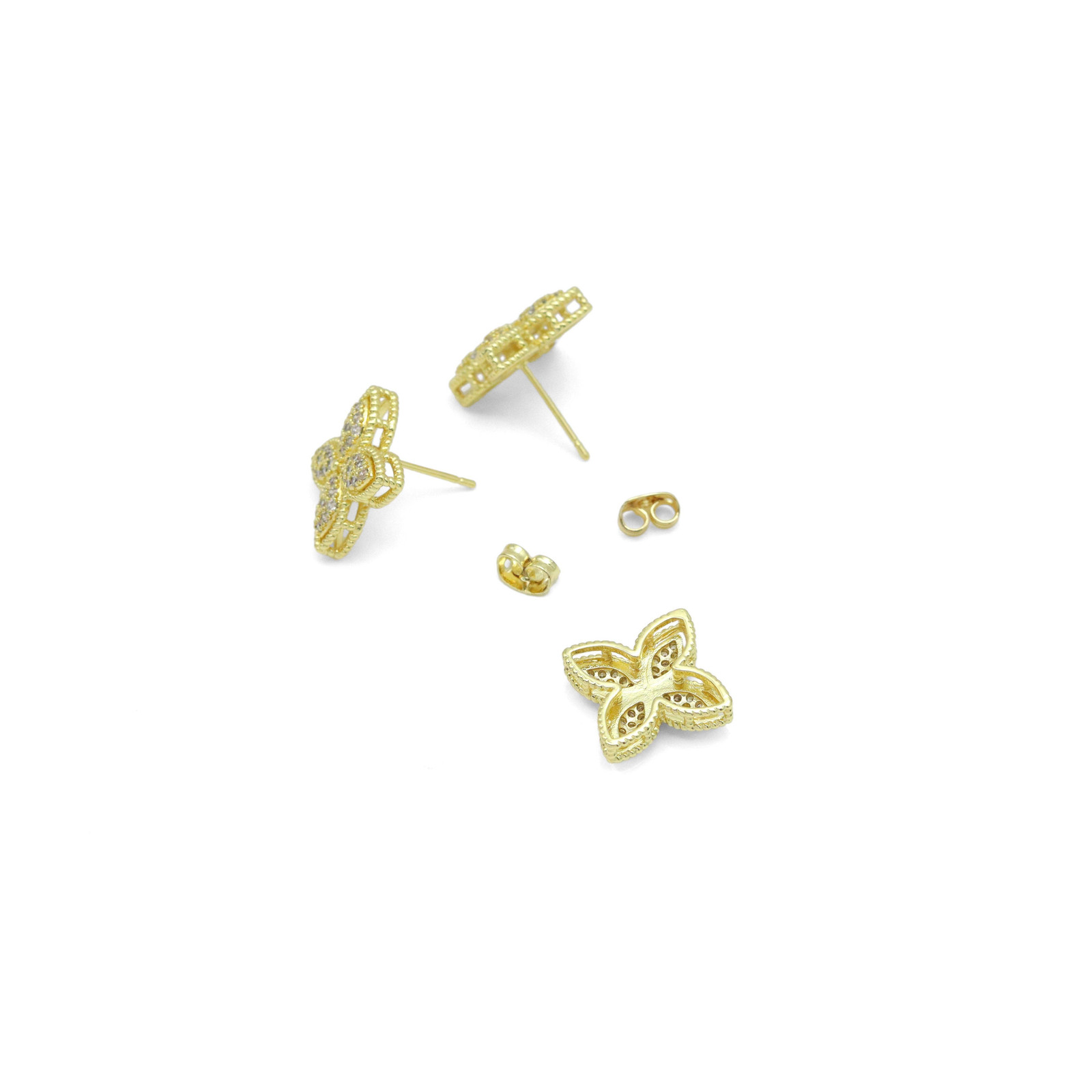 Gold Clear CZ Flower Stud Earrings pendant Charm set, Sku#LK1019