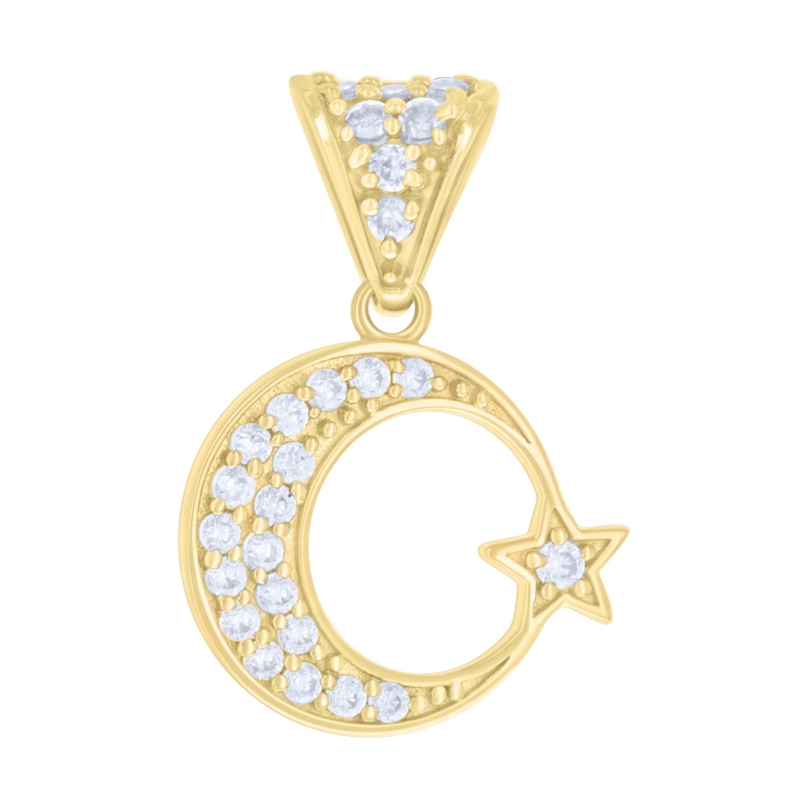 10K Yellow Gold Round Cut CZ 3/4″ Charm Celestial Crescent Moon & Star Pendant