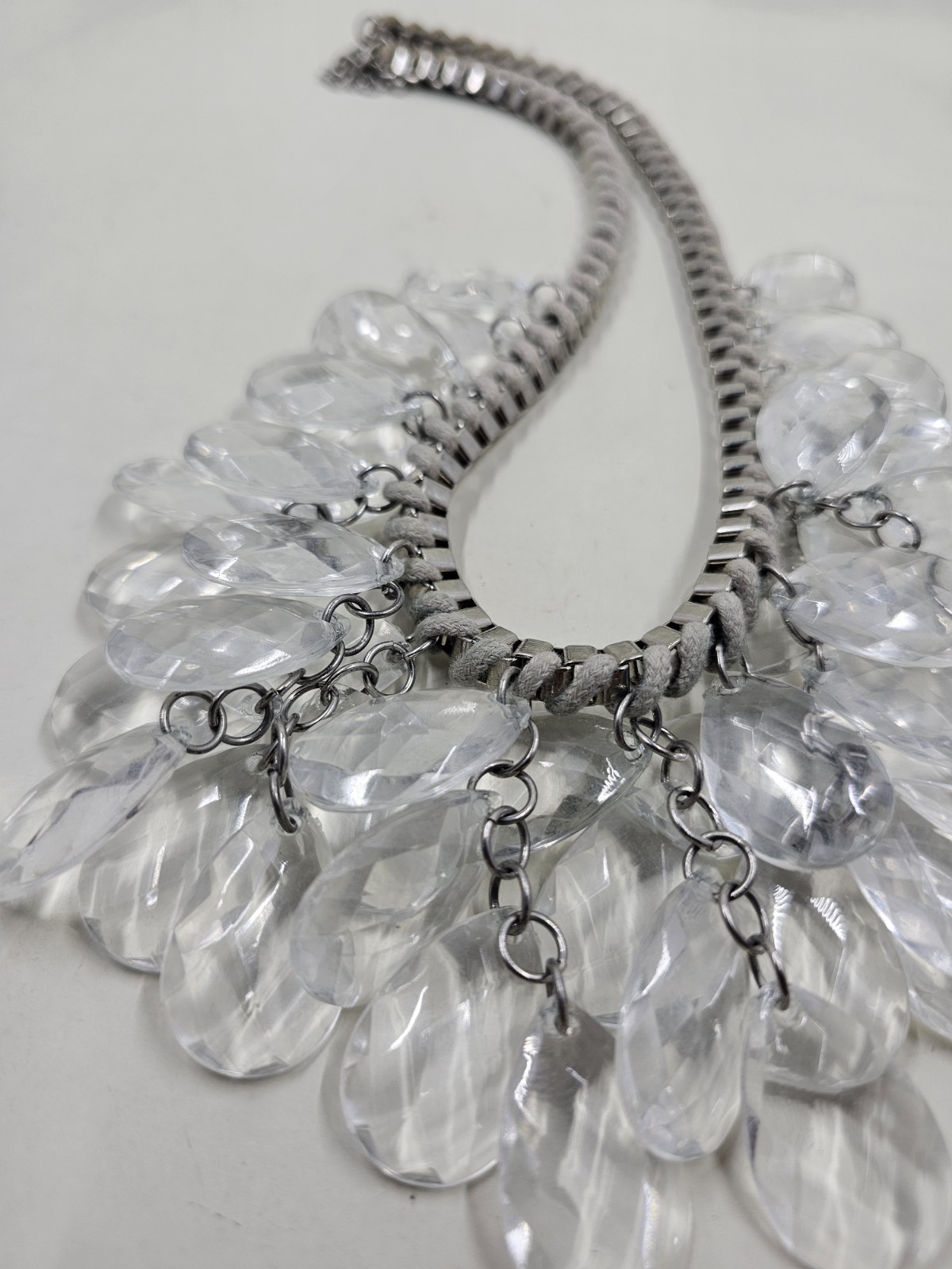 Clear Acrylic Teardrop Necklace Multi Strand Faceted Statement Bib Silver Tone