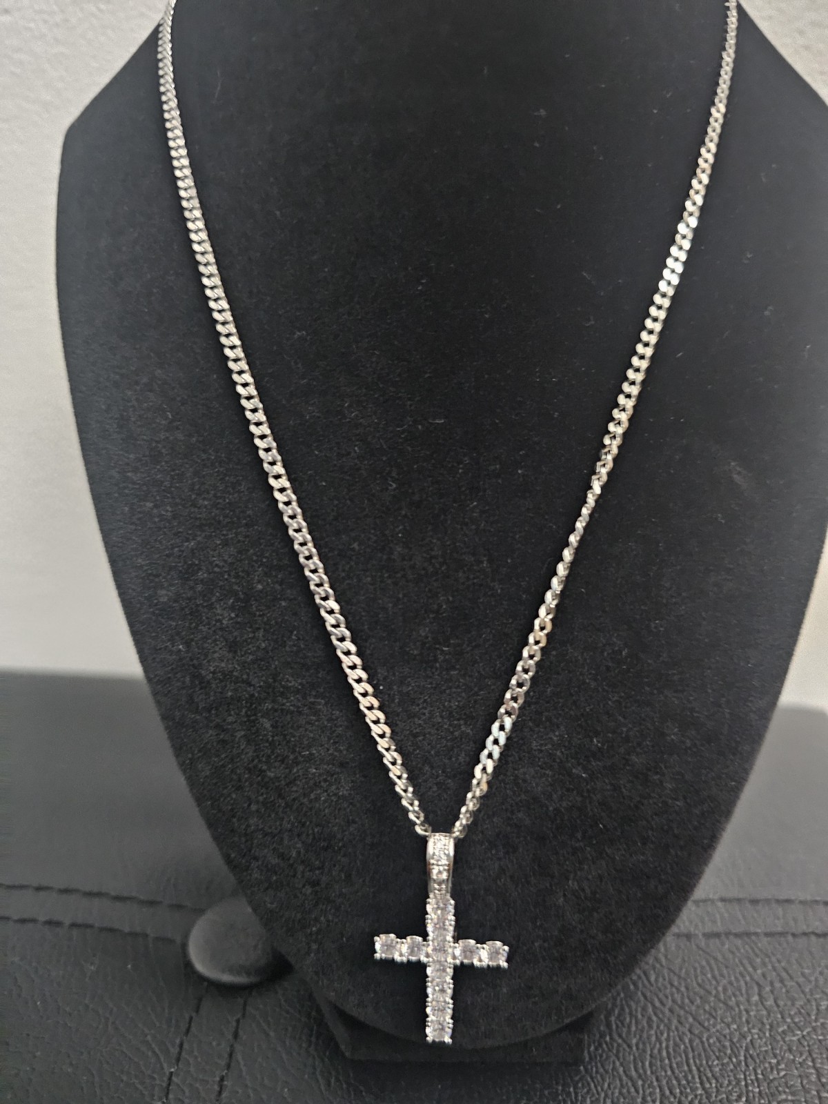 20in. 2.4mm stainless stl chain w/ a Silver plated Cross Pendant 11 prong set CZ