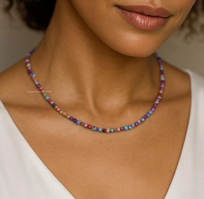 Natural Galaxy Sea Sediment Jasper Choker Minimalist Rainbow Stone Necklace