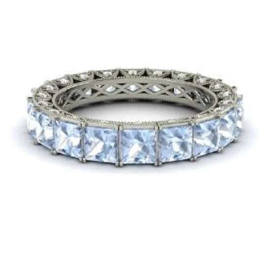 3.75 Ct Natural Aquamarine & Diamond Anniversary Band 14K Real White Gold