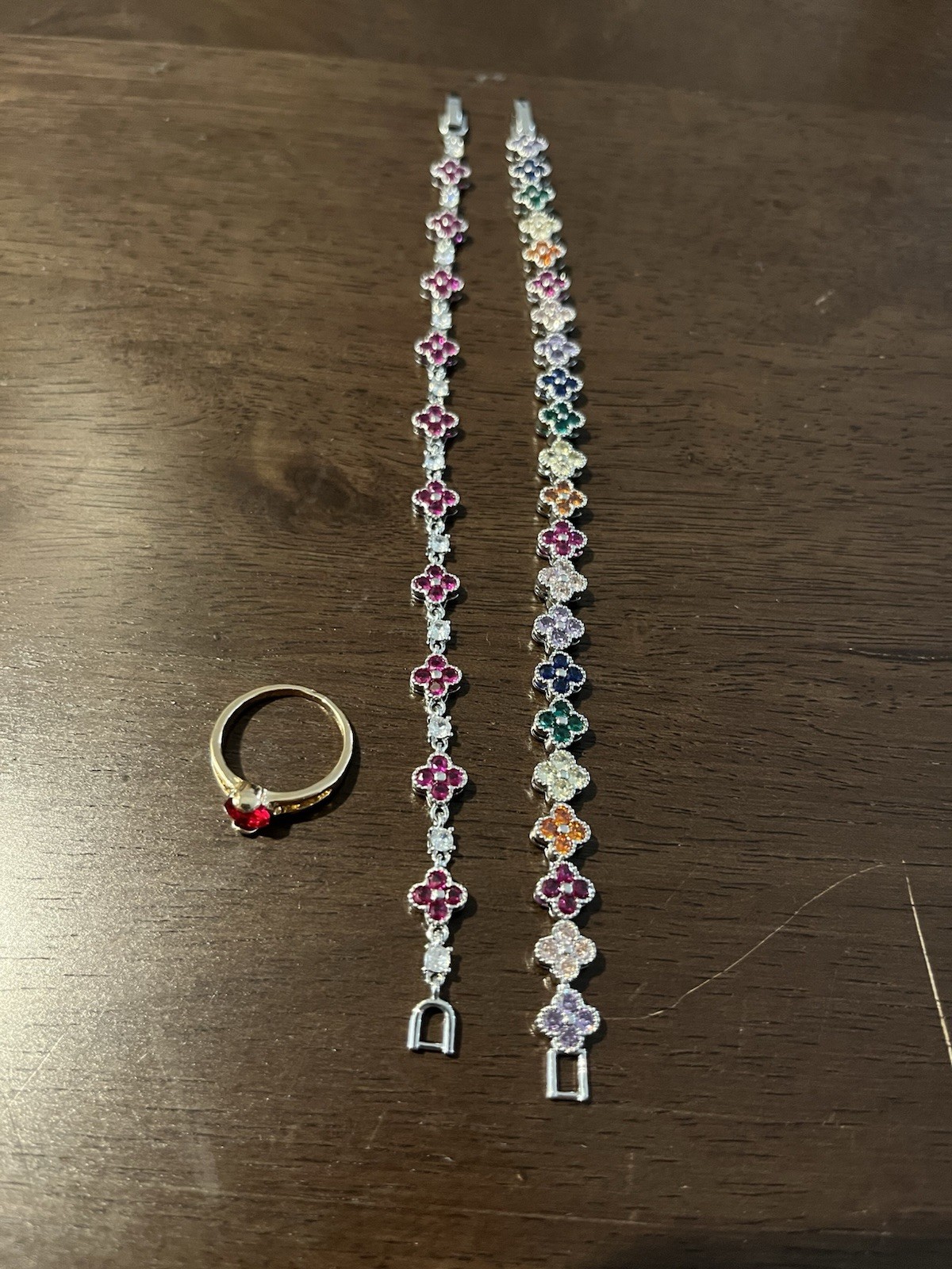 Silver Tone Flower Link Bracelet w/ Multicolor Crystal Stones Fold Over Clasp