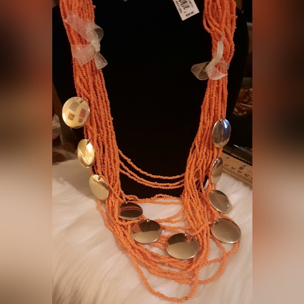 NEW burnt orange multistrand seed bead and goldtone disk necklace