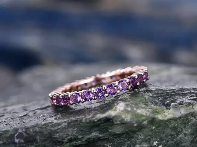 1.20 Ct Round Cut Simulated Amethyst Eternity Wedding Ring 14K Rose Gold Plated