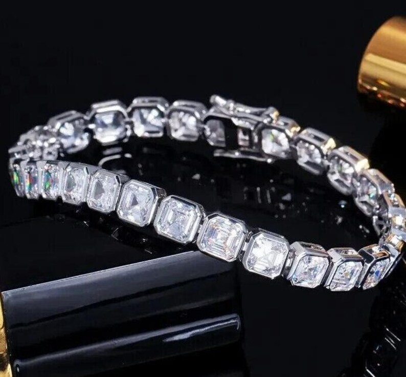 Bezel Treated Diamond Asscher Cut White Tennis Bracelet In 925 Silver