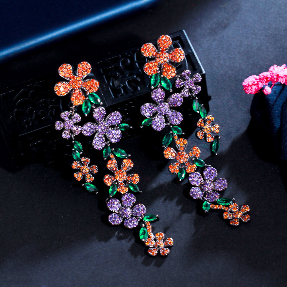 Cubic Zircon Flower Multicolor Leaf Dangle Drop Black Gold Plated Women Earrings