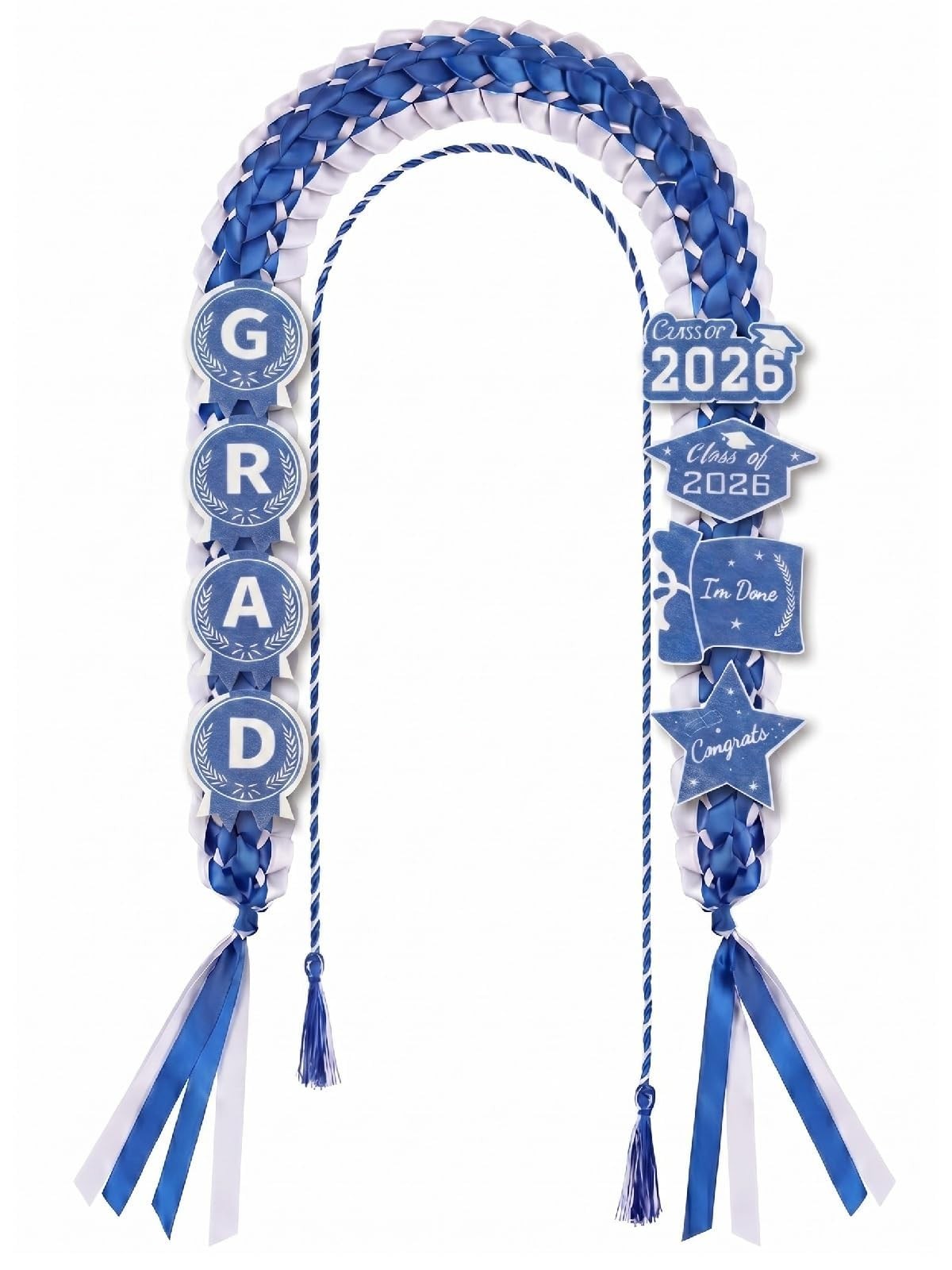 2026 Graduation Lei, 4-Braided Ribbon Lei with Honor Cord and 8 GRAD Patches …