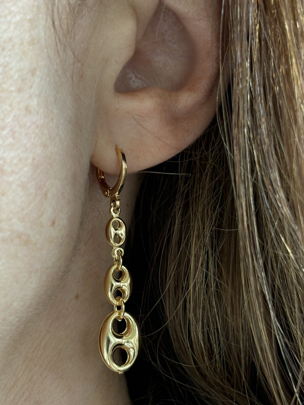 14k yellow gold Filled Puffy Puffed Anchor Mariner Link Chain Earrings New