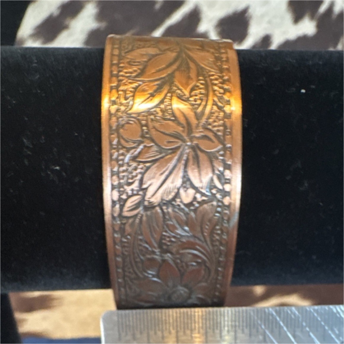 Copper Floral Engraved Cuff Bracelet Sizable Less Than 8in Flower Shape