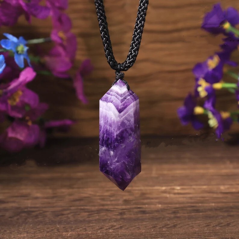 Natural Chevron Amethyst Hexagon Pendant Healing Balance Amulet Unisex Necklace