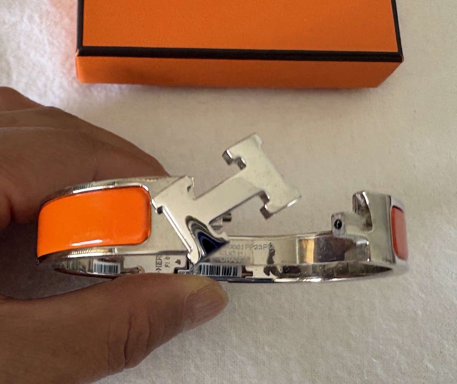 Authentic HERMÈS Clic H Narrow Bracelet Iconic Orange Palladium Silver PM w Box