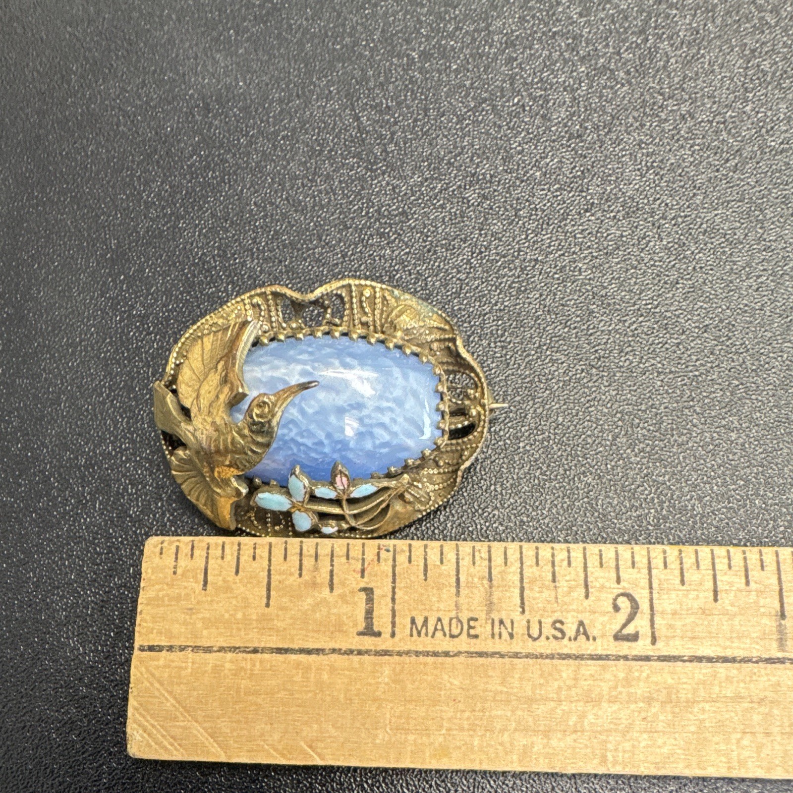 Vintage brass filigree bird brooch blue cabochon. Unique