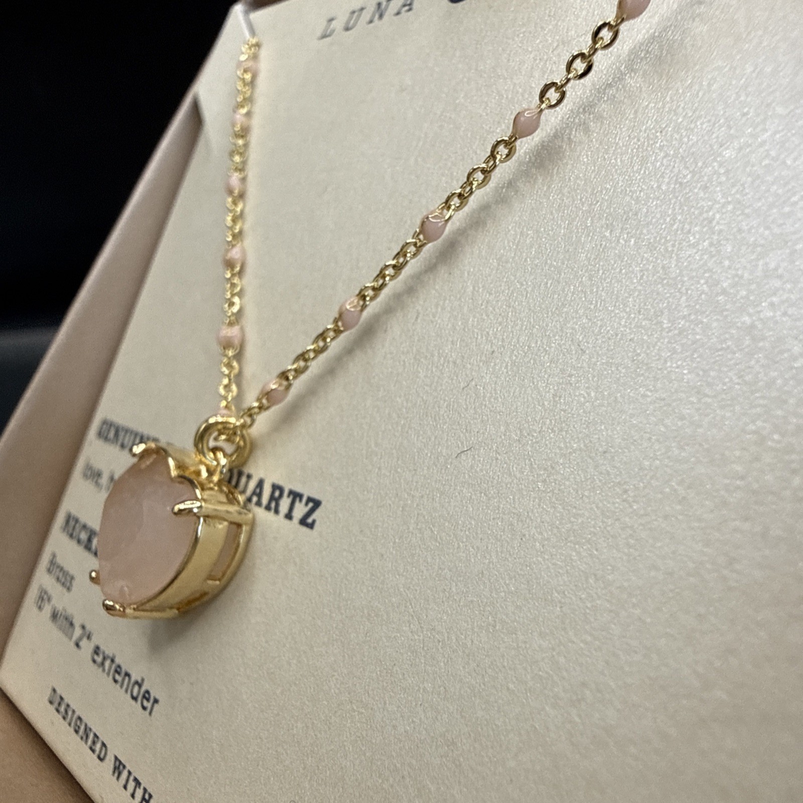 Luna Norte Genuine Rose Quartz “Heart Of Gold” Pendant Necklace 16” +2” BNIB