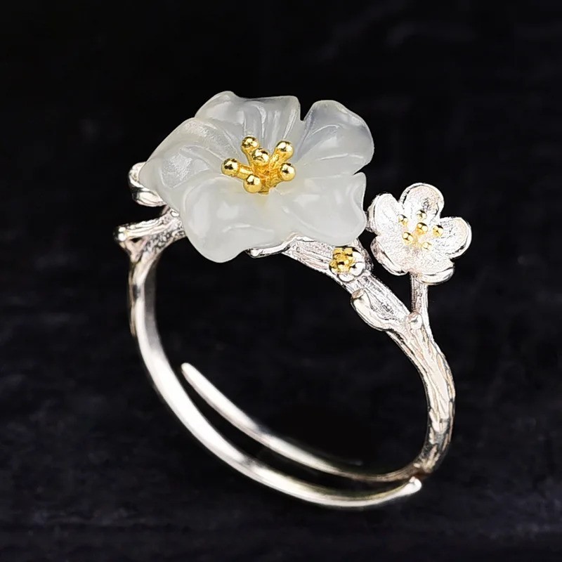Carved White Nephrite Jade Floral Ring 925 Silver Gold Stamen Cherry Blossom