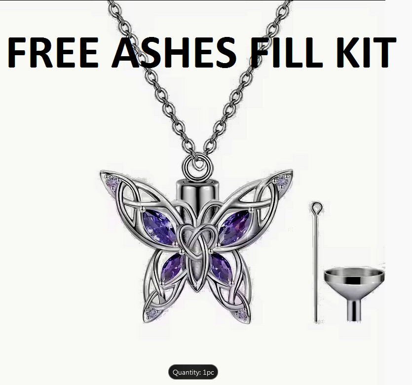 CZ PURPLE BUTTERFLY MEMORIAL URN ASHES CHARM 24″plated 925 Sterling Silver Chain