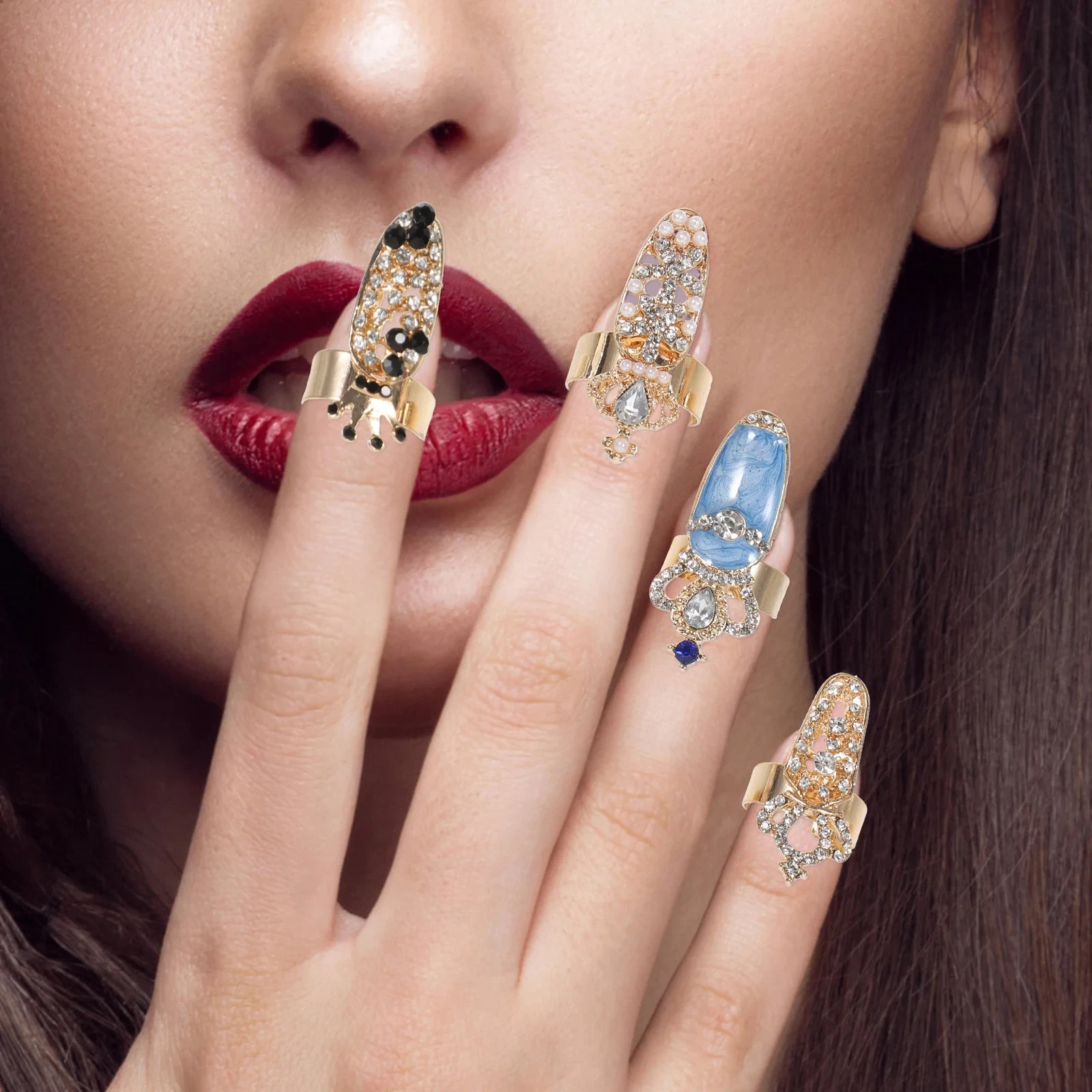 10Pcs Rhinestone Nail Rings Finger Tip Rings Women Punk Party Costume Jewelry