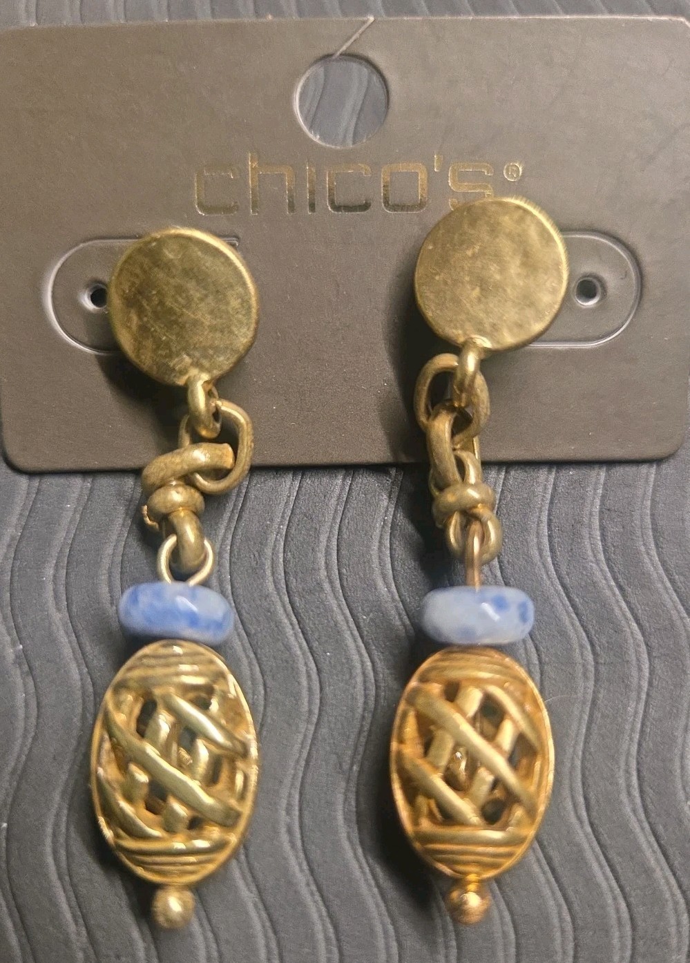 Chico’s Dangle Stud Earrings Gold Tone With Blue Stone