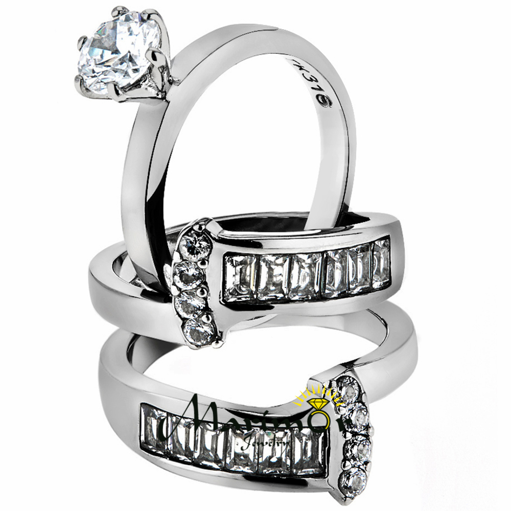 Women’s Round Cut Silver Stainless Steel AAA CZ Wedding Ring Band Set Size 5-10