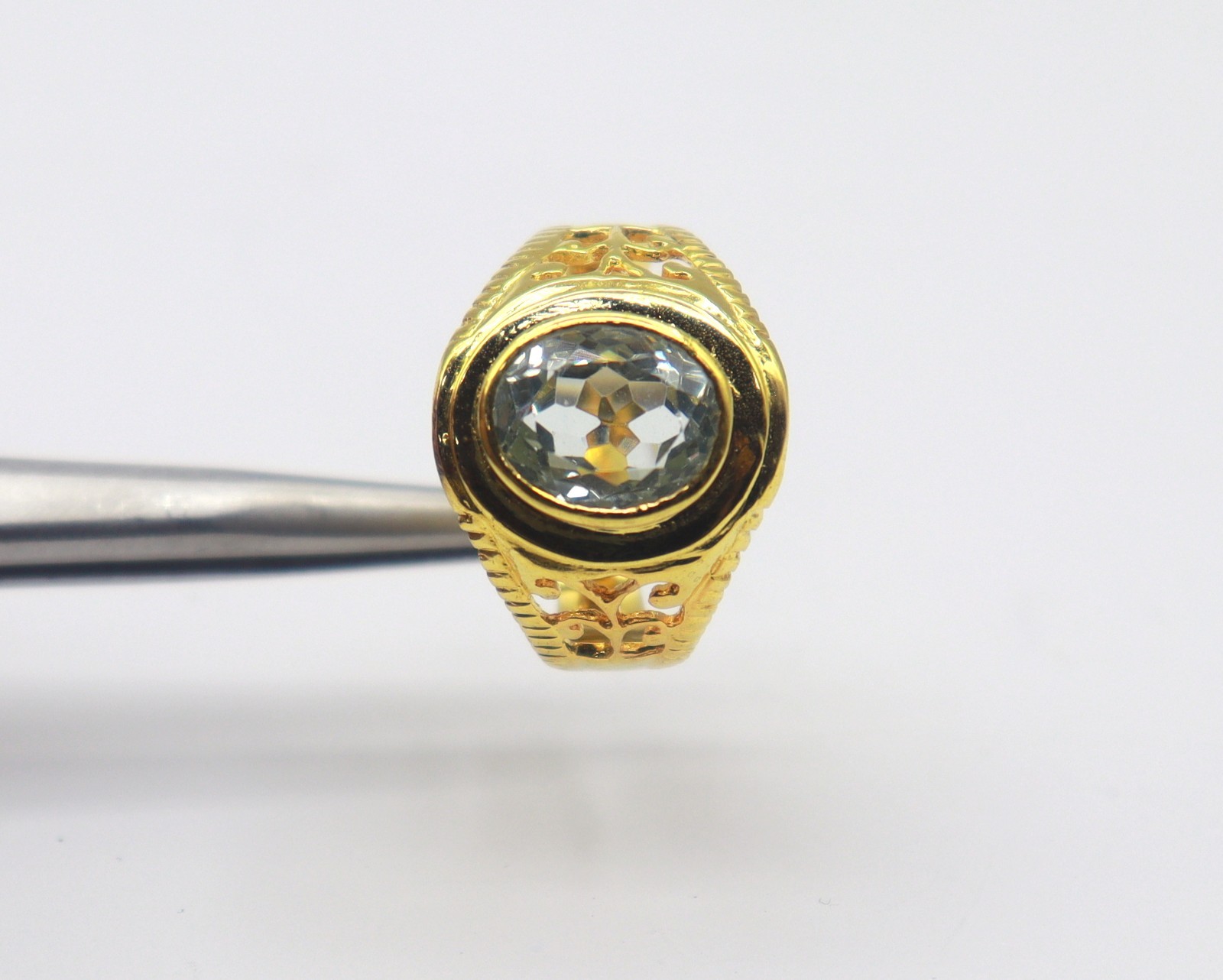 Natural Sea Blue Aquamarine Gemstone Sterling Silver Gold Plated Ring SZ 8.5 US