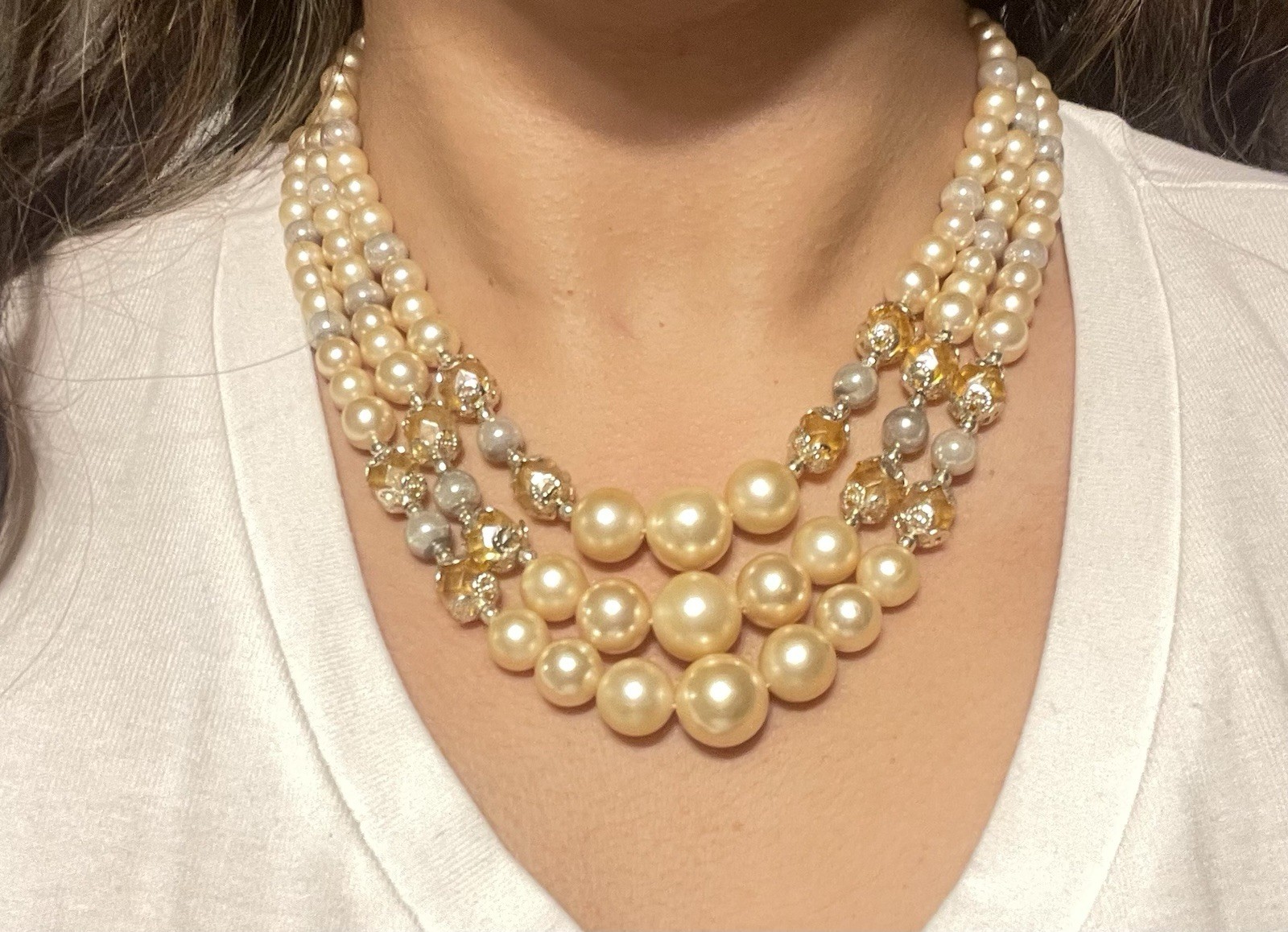 Vintage Cream Faux Pearl Multi-Strand Beaded Necklace Gold Tone Hook Clasp