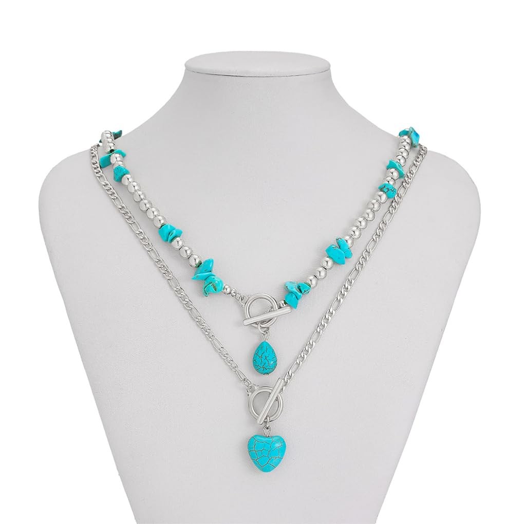 Turquoise Western Pendant Necklace for Layered Gold Heart OT Clasp Beaded Nec…