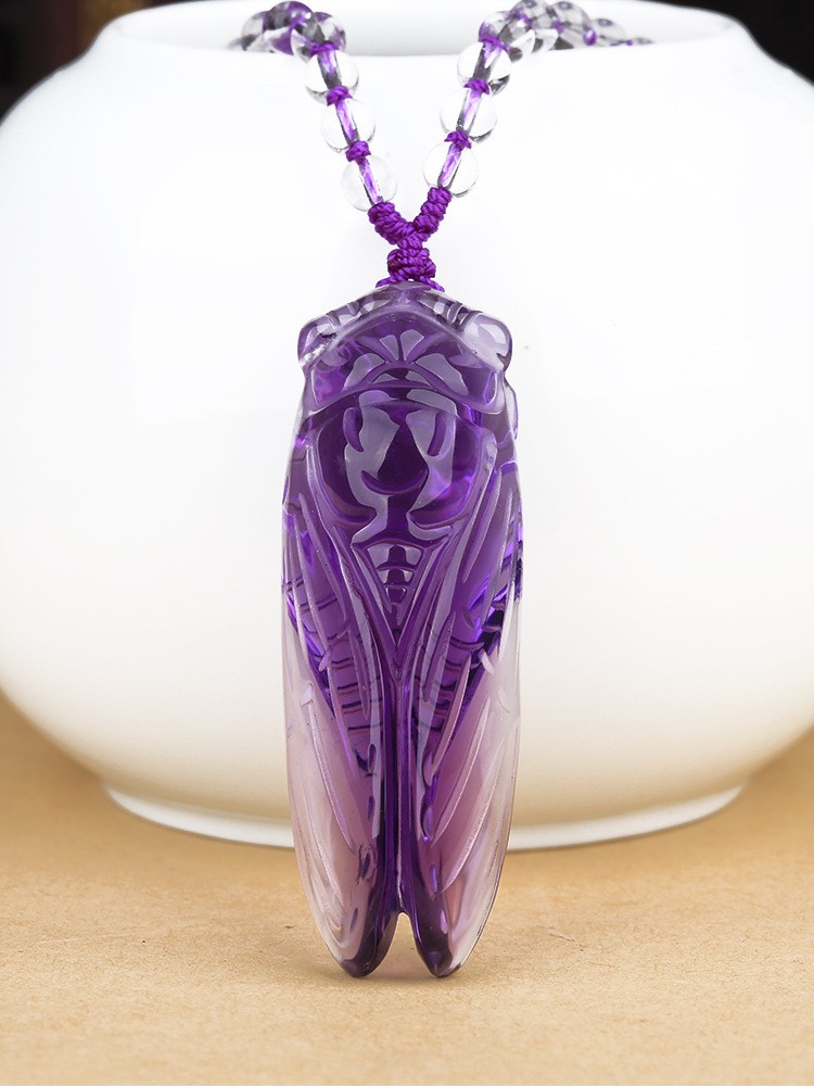 Purple Cicada Pendant Necklace Crystal Insect Charm Beaded Chain Jewelry Gift