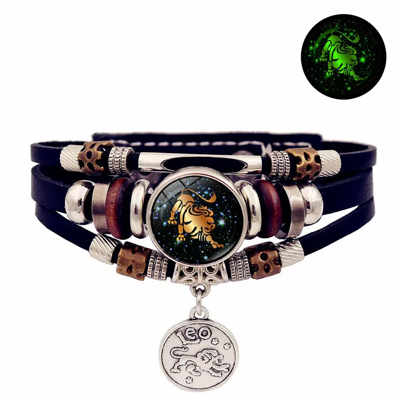 Luminous 12 Constellation Vintage Bracelet for Men Women Braided Punk Leather Br
