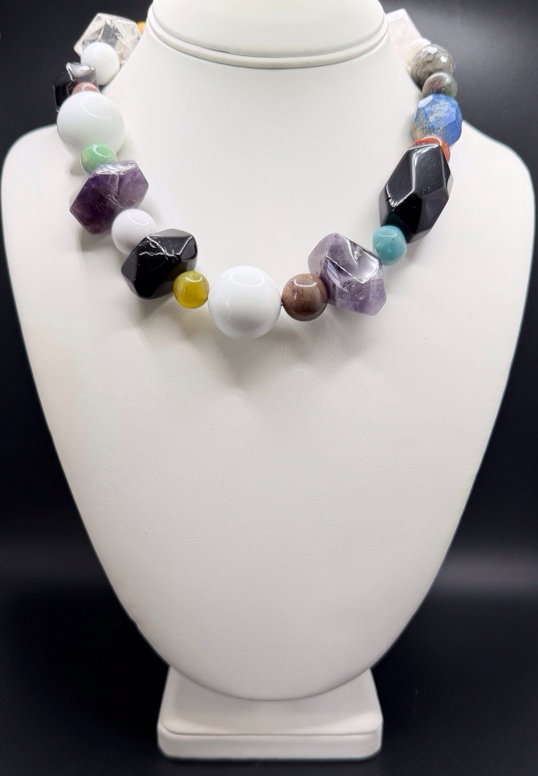 Multicolor Natural Beads Variety Of Stones Chunky Statement Necklace 17.5”