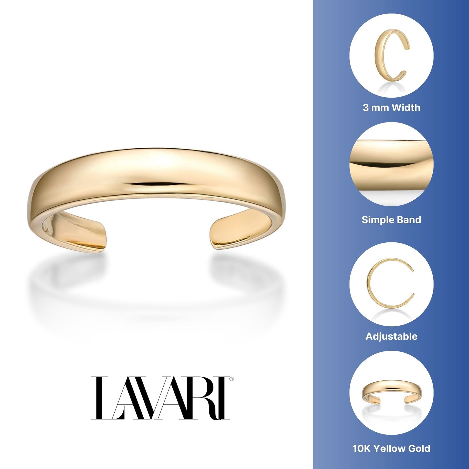 10K Yellow Gold Open Toe Ring One Size Fits Most Toes – 3 mm Wide – Adjustable