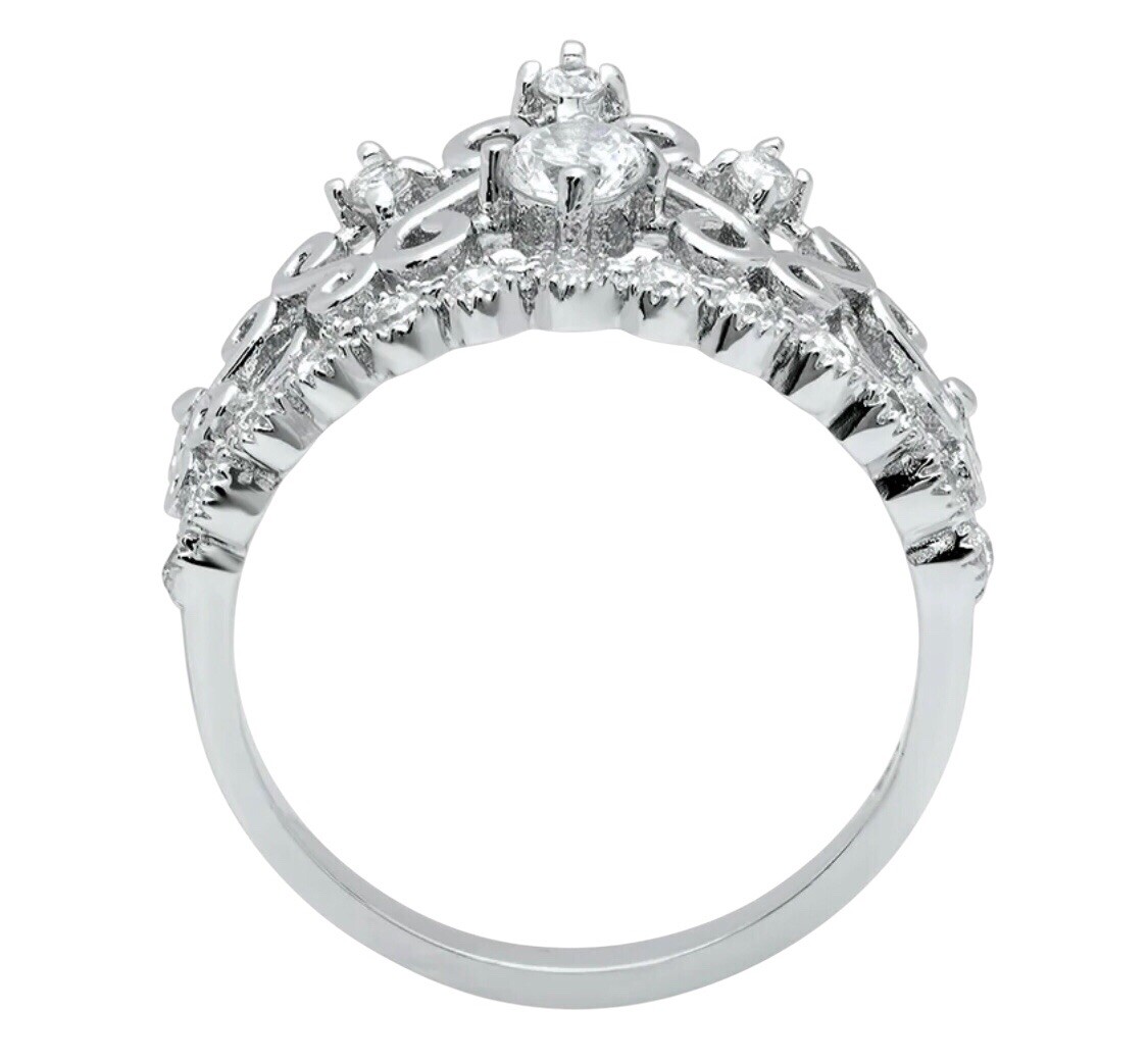 Shimmery NEW Princess Crown Tiara Ring Cubic Zirconia 925 Sterling Silver Sz 9