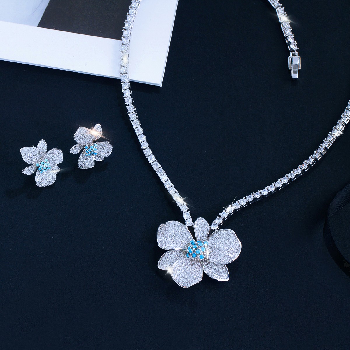 Silver Plated Big Flower Choker Necklace Earrings Bride CZ Turquoise Jewelry Set