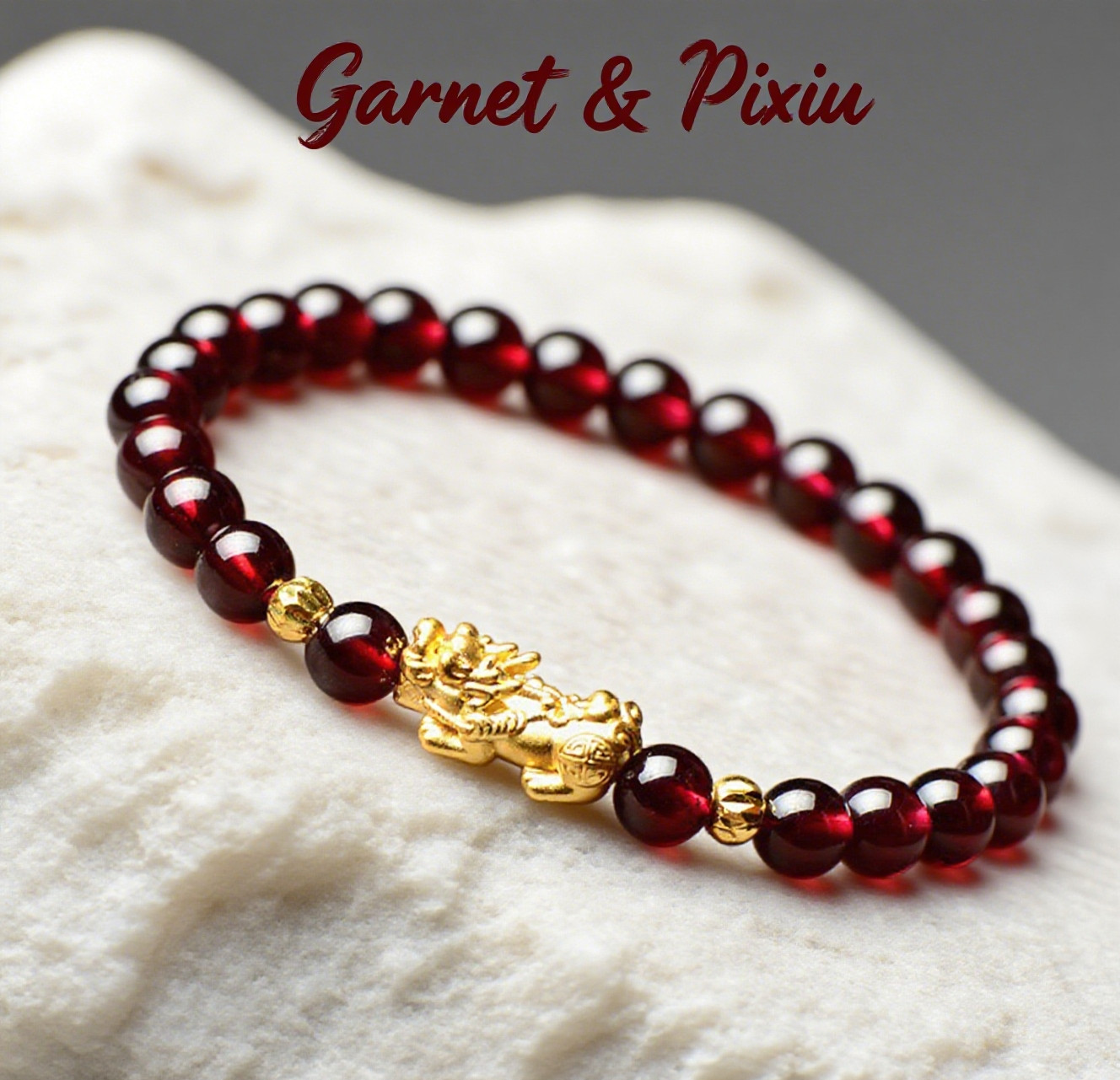 Natural Garnet Beads Pixiu Charm Stretch Bracelet Feng Shui Wealth Luck Attract