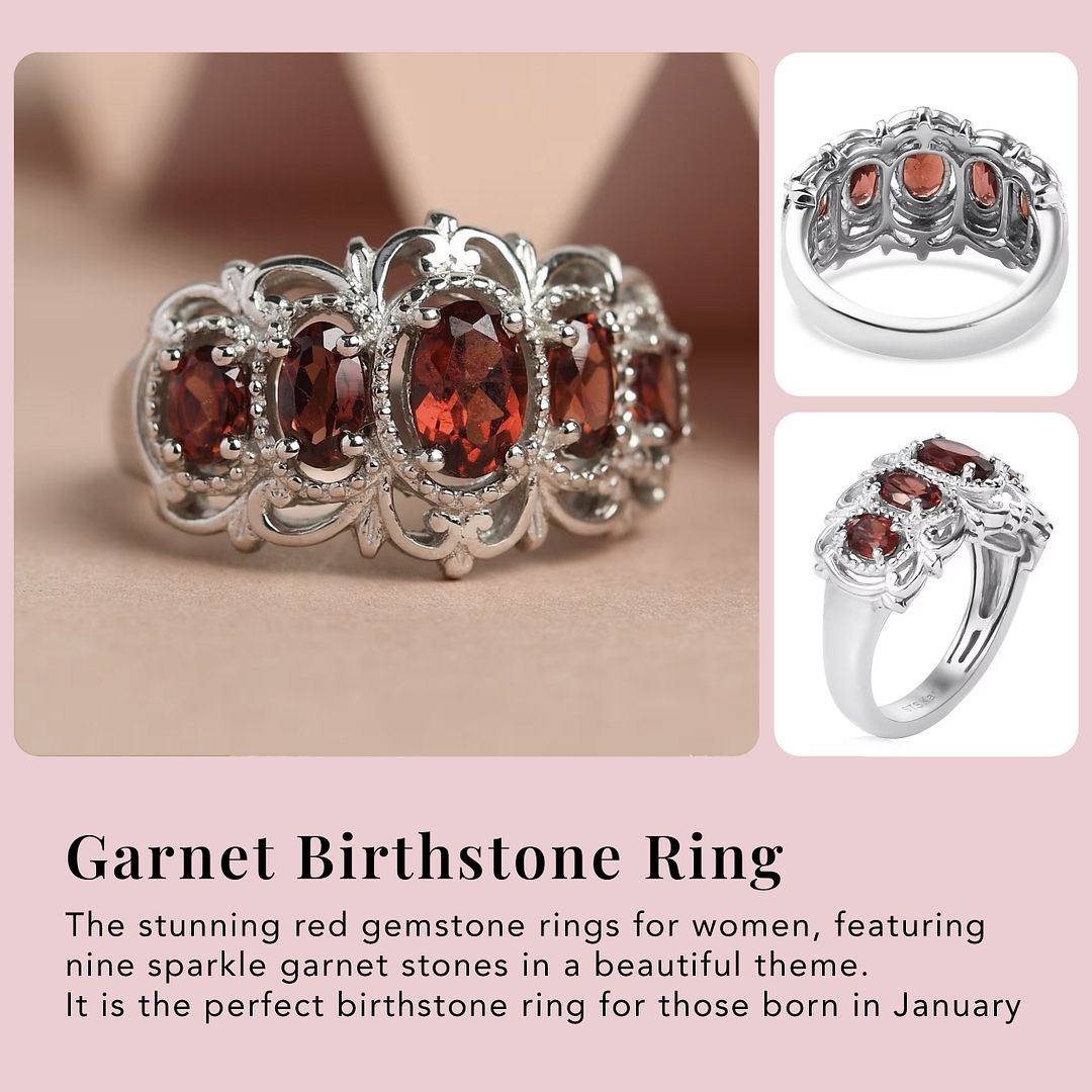 Garnet 1.50 ctw 5 Stone Ring in Platinum Plated Size 6.0