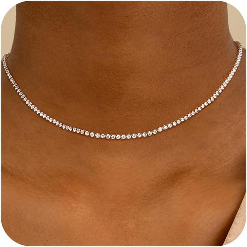 Tennis Necklace for Women, 14K Gold/Silver Plated Rhinestone Choker Necklace for