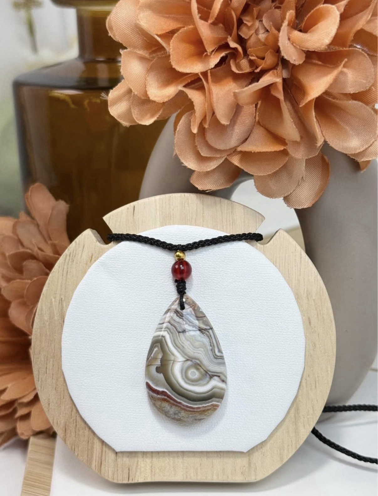 Crazy Lace Agate Red Grey Multi Pendant Necklace 36.5/23.5MM on Adjustable Nylon