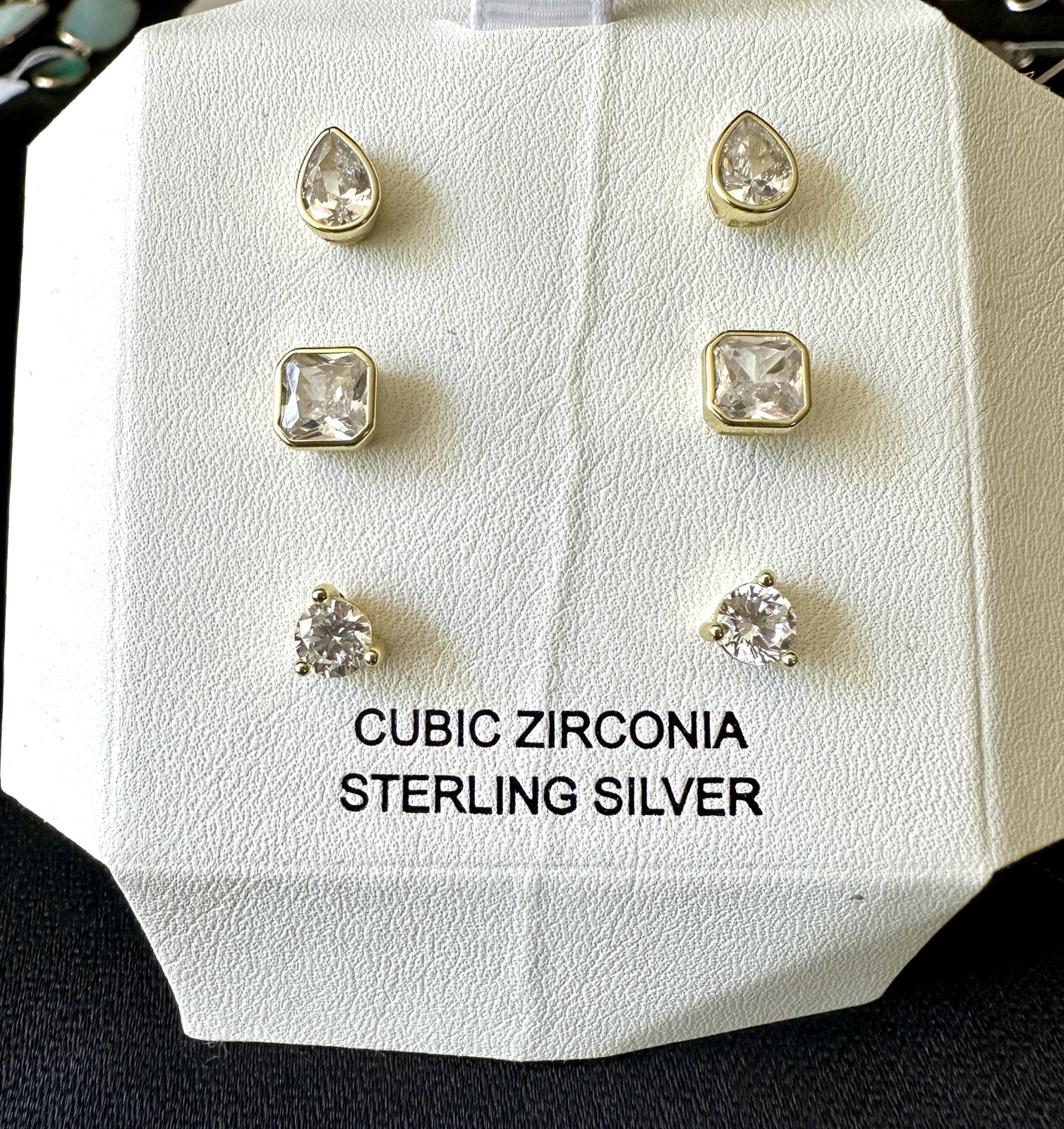 Set of 3 Post Earrings Cubic Zirconia Sterling Silver Gold Plated