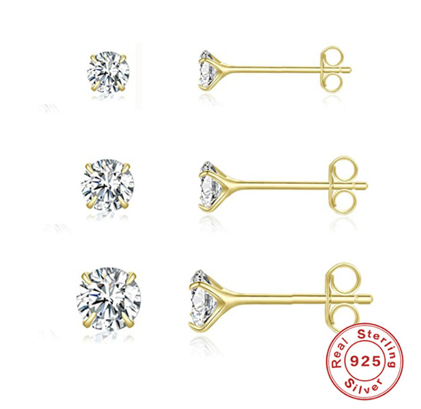 925 Sterling Silver Gold-Plated Round Cubic Zirconia Clear CZ Stud Earrings