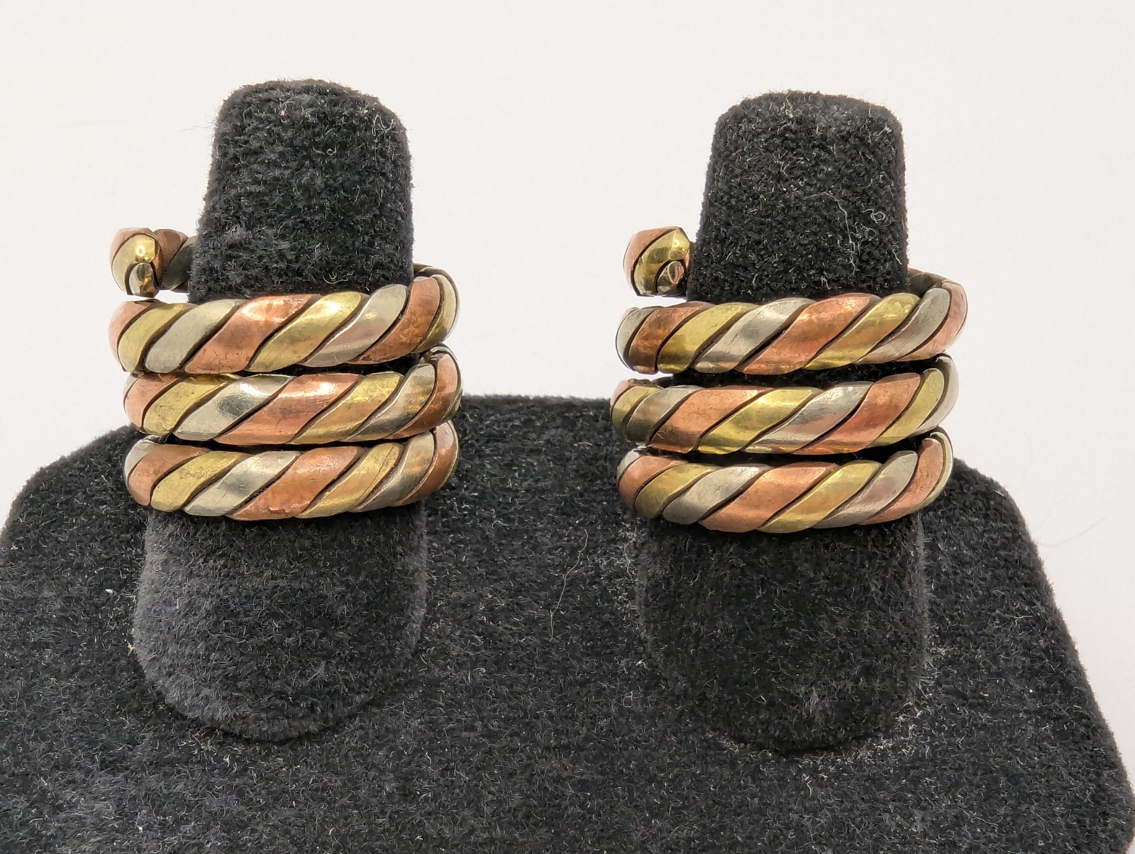 Tibetan Three Metal Coil Rings. Brass, Copper & Silver Tone Metals. Pair Of 2