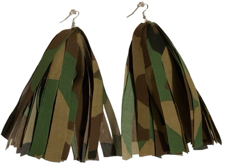 Camouflage Fringe Earrings Tassel Army Fatigue UpCycled Handmade For Women Girls