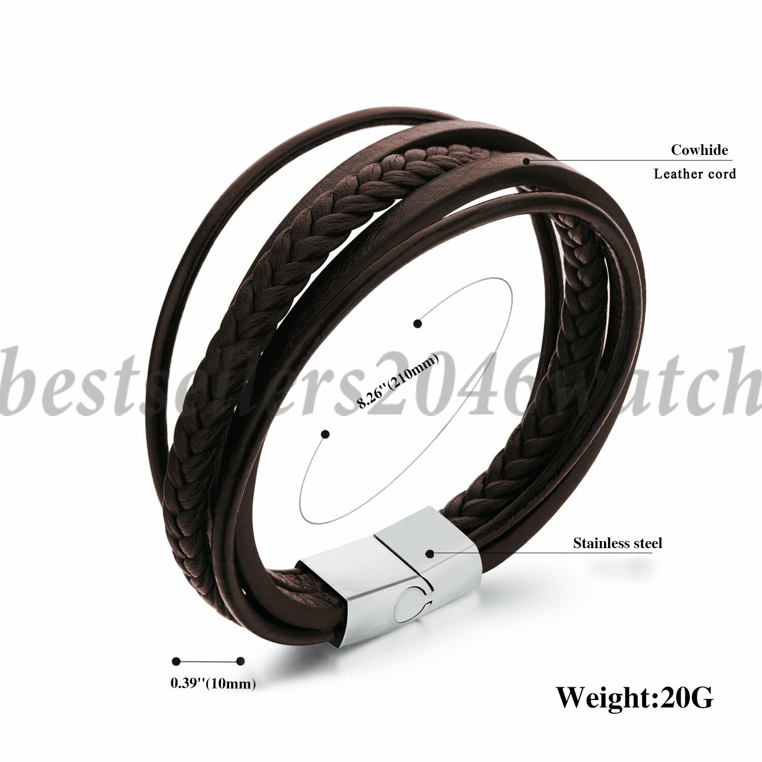 Men’s Braided Leather Bangle Bracelet Stainless Steel Clasp Handmade Wristband