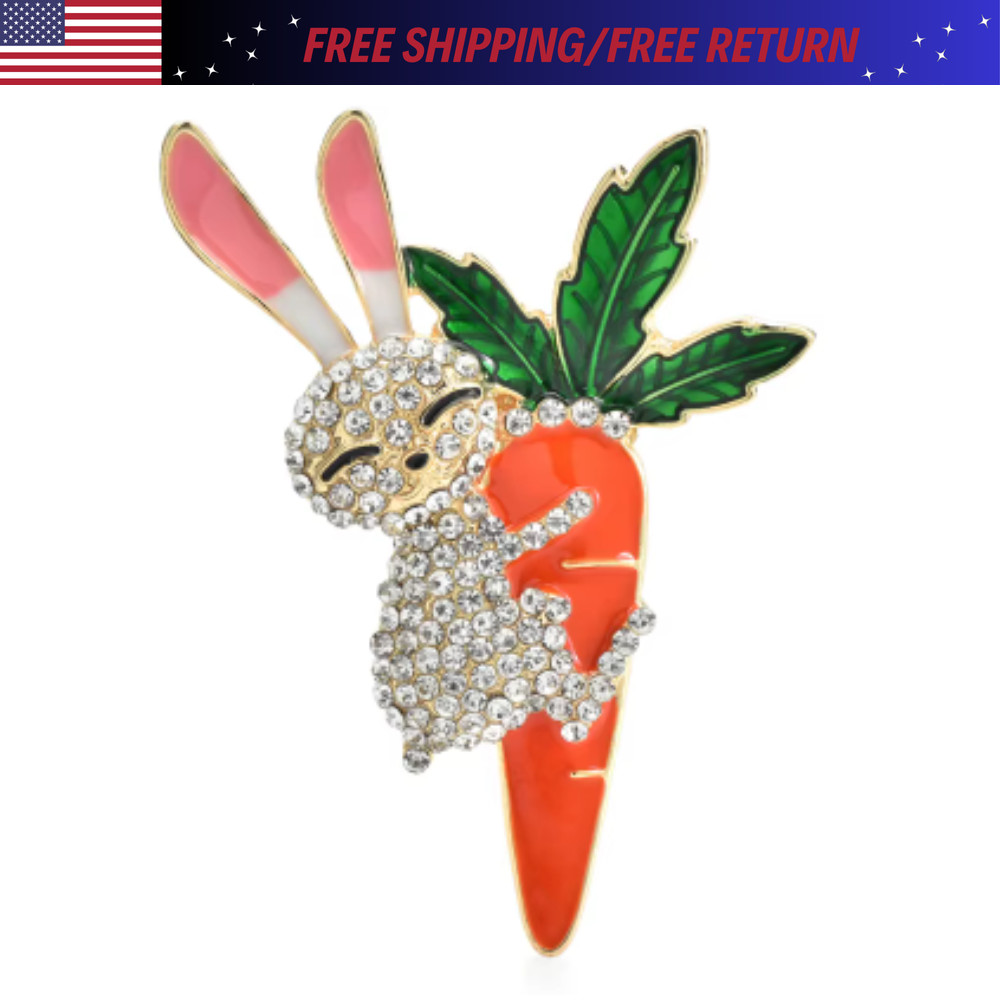 Easter Spring Bunny Carrot Brooch Rhinestone Rabbit Animal Pin Gift Jewelry USA